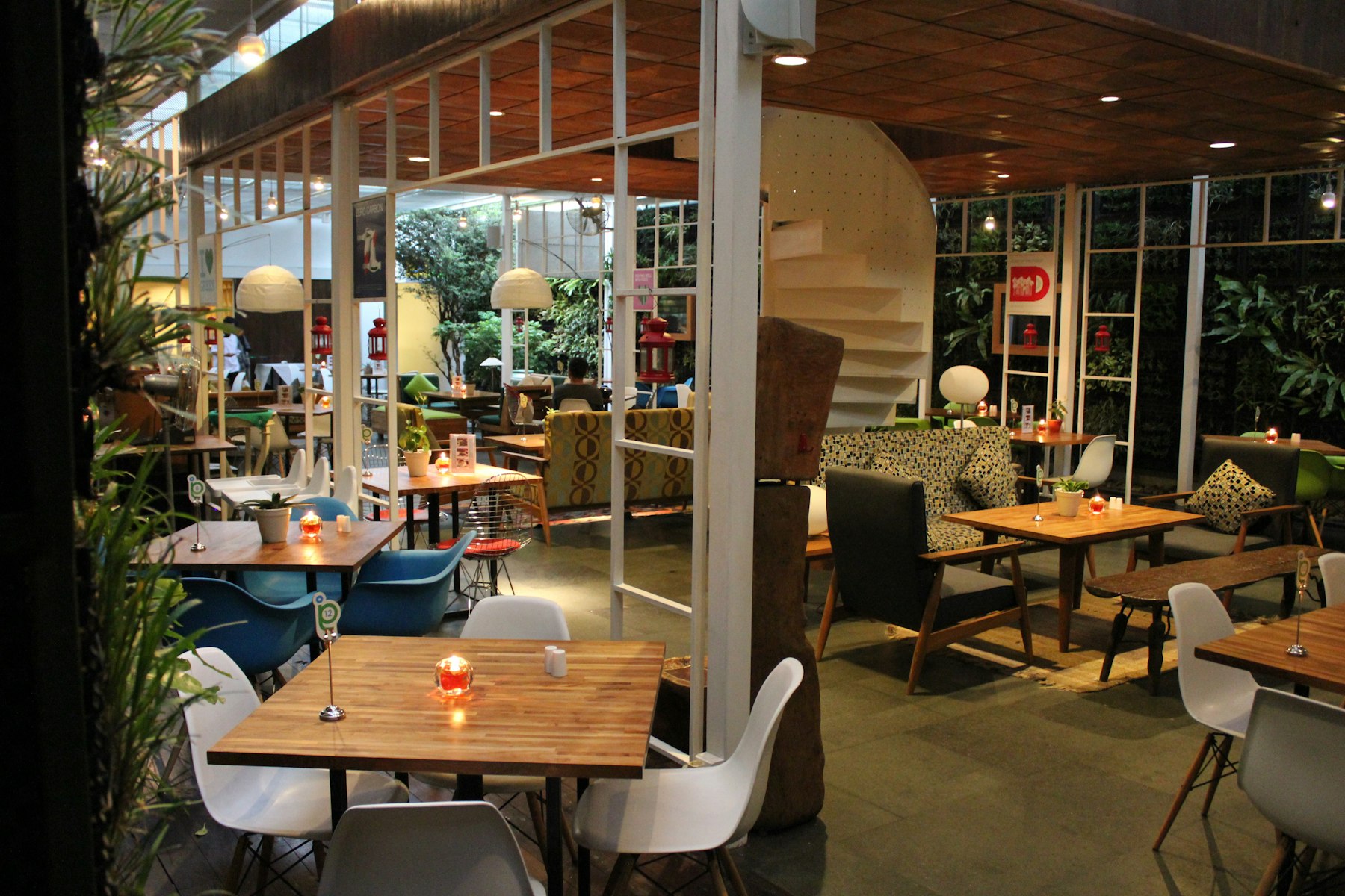 Restaurant tables and chairs in a dining area