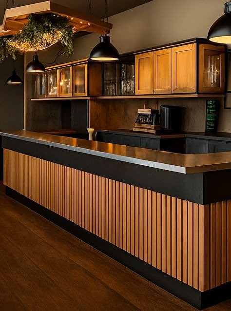 Custom cafe counter with slatted wood panels and fitted wall cabinets