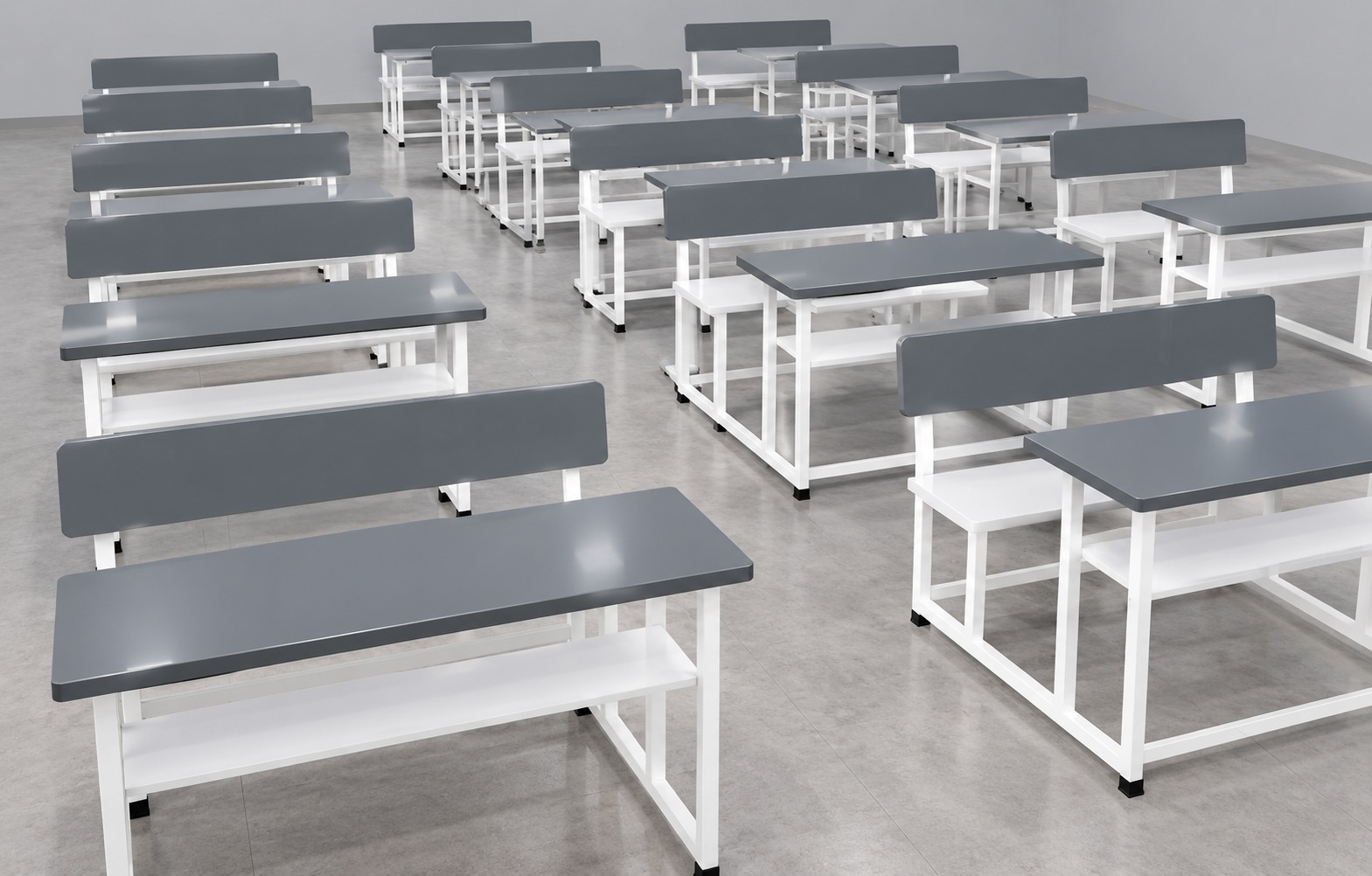 Classroom benches with grey writing surfaces and durable white frames