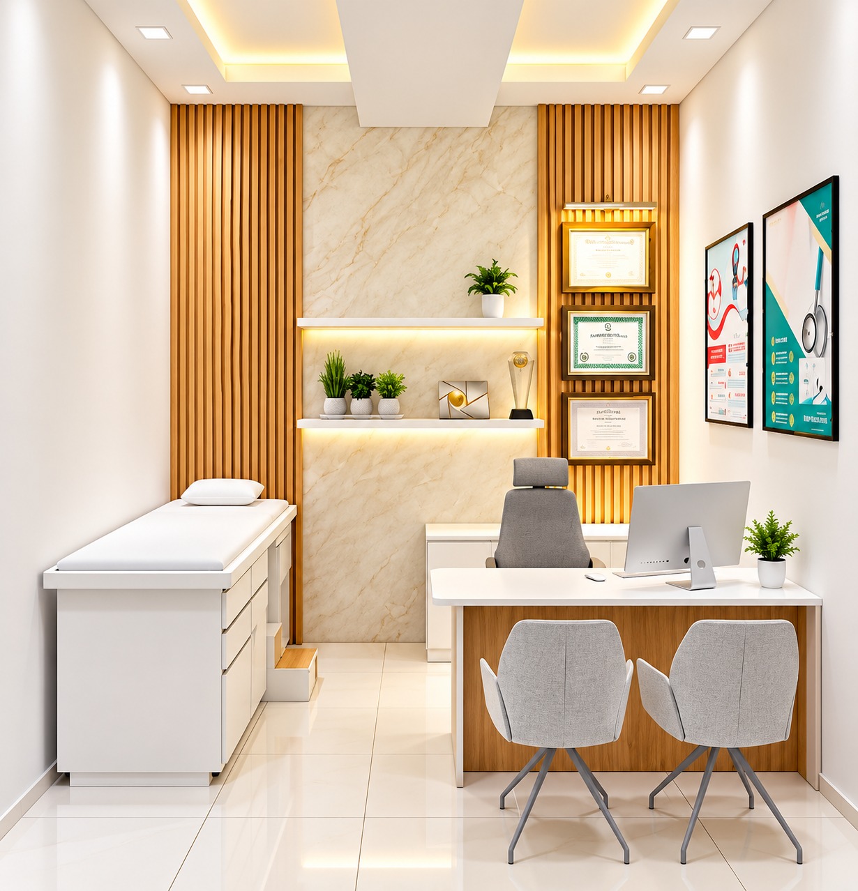 Clinic consultation room with examination bed, white cabinetry and a fitted desk