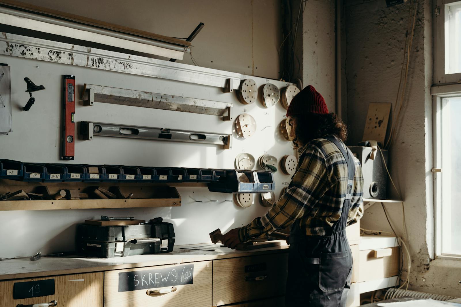 Craftsman working on wooden furniture in a sunlit carpentry workshop