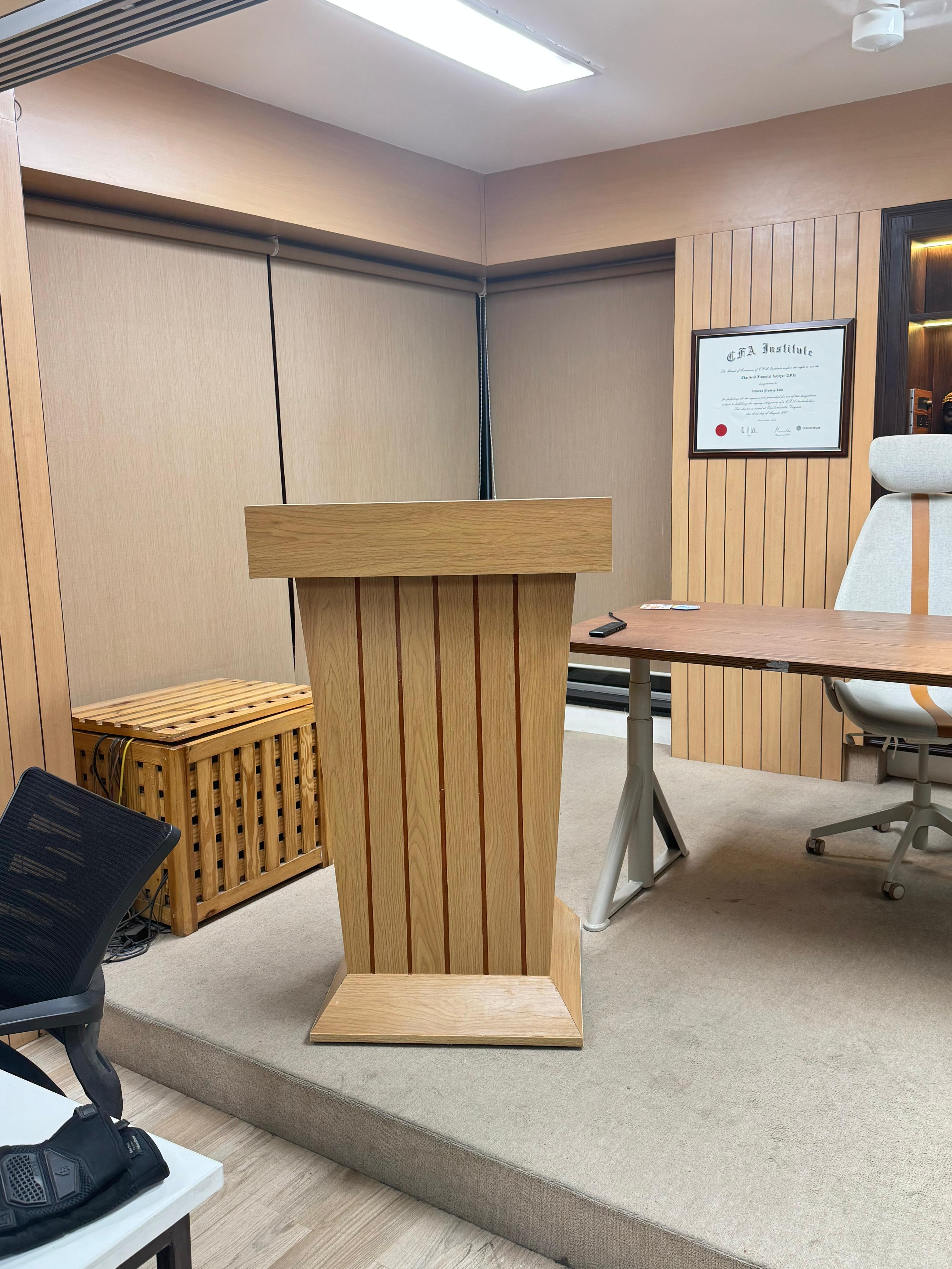 Wooden office podium in a professional presentation room