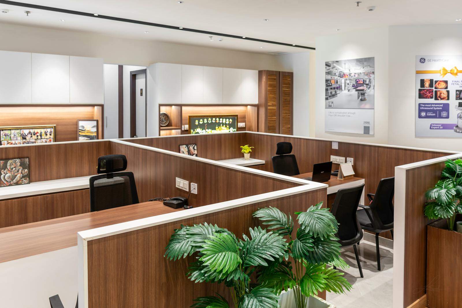 Modern modular office workstations with wood partitions and ergonomic chairs