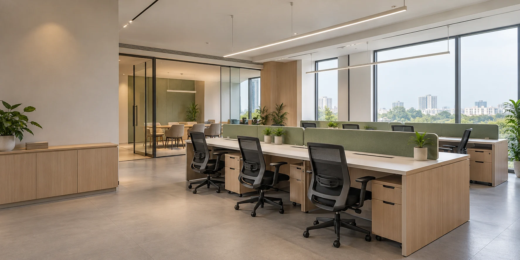 Contemporary office concept with oak workstations, sage acoustic dividers and ergonomic chairs
